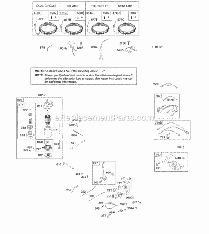 Alternator Controls Electric Starter Governor Spring Ignition Diagram and Parts List for 31P777-0348-E1  Briggs and Stratton Engine